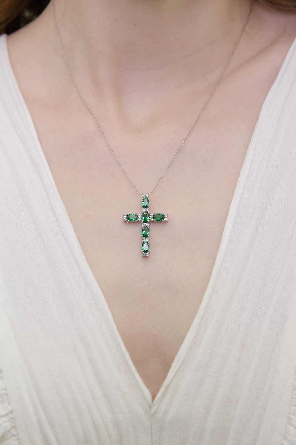 B. BRILLIANT Sterling Silver Simulated Emerald Oval-Cut Large Cross Necklace for Women