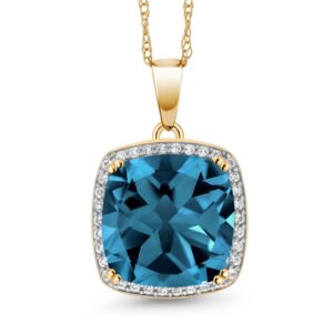 gem stone king 10k yellow gold london blue topaz and white created sapphire pendant necklace for women (8.54 cttw, gemstone november birthstone, cushion cut 12mm, with 18 inch chain)