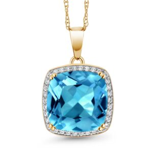 Gem Stone King Solid 10K Gold 12MM Cushion Cut Gemstone Birthstone and White Created Sapphire Halo Pendant Necklace | Gold Necklace For Women | With 18 Inch Gold Chain