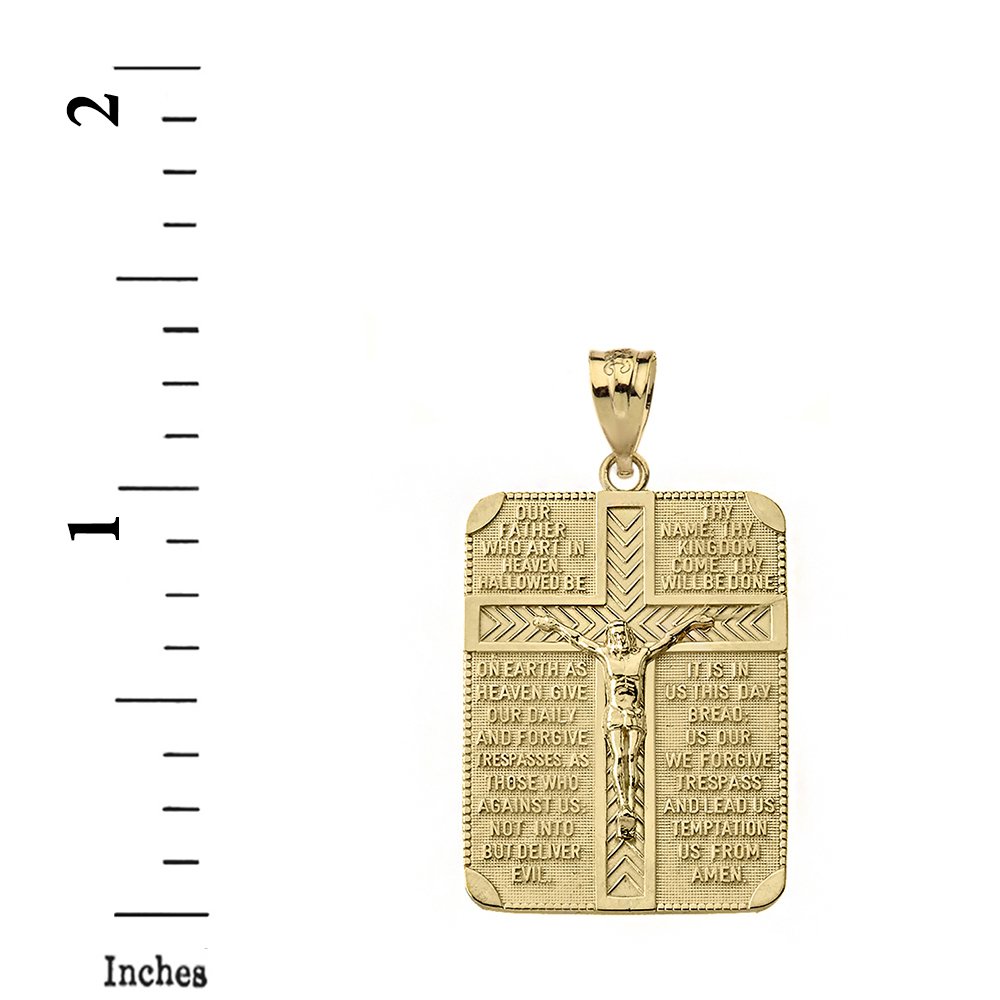 Solid 14k Gold Religious Lord's Prayer and Crucifix Cross Rectangular Tag Pendant