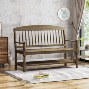 Christopher Knight Home Eddie Indoor Farmhouse Acacia Wood Bench with Shelf, Gray Finish