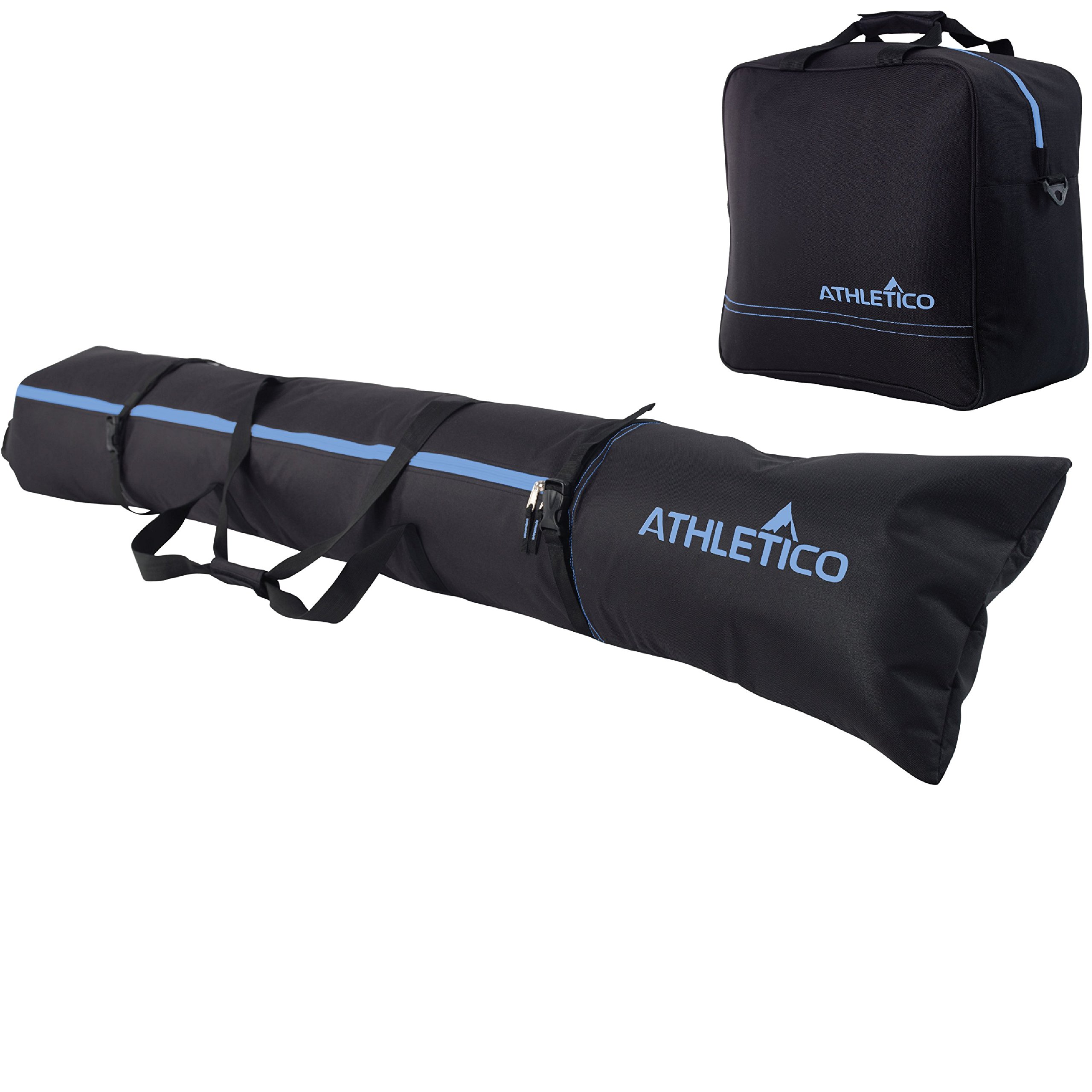 Athletico Padded Two-Piece Ski and Boot Bag Combo | Store & Transport Skis Up to 200 CM and Boots Up To Size 13 | Includes 1 Padded Ski Bag & 1 Padded Ski Boot Bag (Black with Blue Trim (Padded))