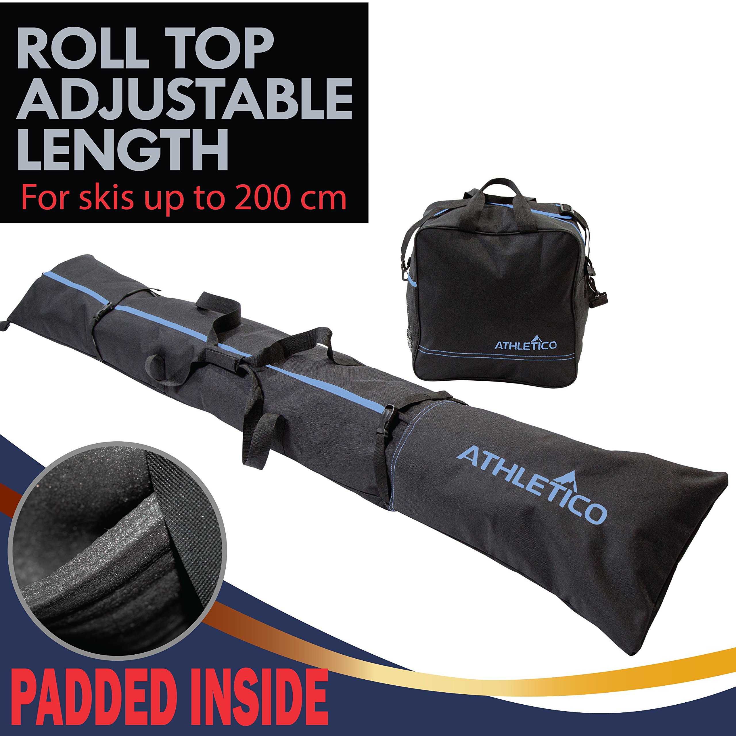 Athletico Padded Two-Piece Ski and Boot Bag Combo | Store & Transport Skis Up to 200 CM and Boots Up To Size 13 | Includes 1 Padded Ski Bag & 1 Padded Ski Boot Bag (Black with Blue Trim (Padded))