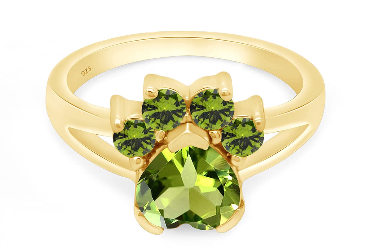 Wishrocks Heart & Round Cut Simulated Peridot Paw Print Ring Jewelry For Women In 14k Yellow Gold Over Sterling Silver Ring Size- 11.5