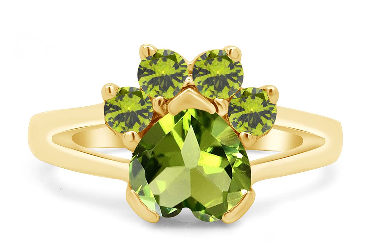 Wishrocks Heart & Round Cut Simulated Peridot Paw Print Ring Jewelry For Women In 14k Yellow Gold Over Sterling Silver Ring Size- 11.5