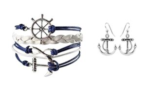 infinity collection - nautical anchor charm earrings & bracelet for women, navy and white anchor braided bracelet - weaved leather rope with ship wheel, infinity, and anchor charm bracelet