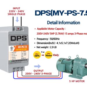 DPS Single-Phase to 3-Phase Converter, My-PS-7.5 Model Must Be Only Used on 5HP(3.7kW) 15 Amps 200-240V 3-Phase Motor, One Must Be Used on One Motor Only, Input/Output 200V-240V, Digital Type