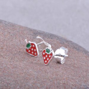 Sterling Silver Small Womens Fruit Red Strawberry Push Back Stud Earrings - Fruit Gifrts For Ladies Mom Wife 0.31in