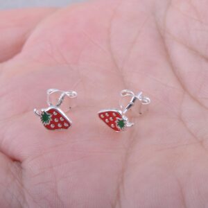 Sterling Silver Small Womens Fruit Red Strawberry Push Back Stud Earrings - Fruit Gifrts For Ladies Mom Wife 0.31in