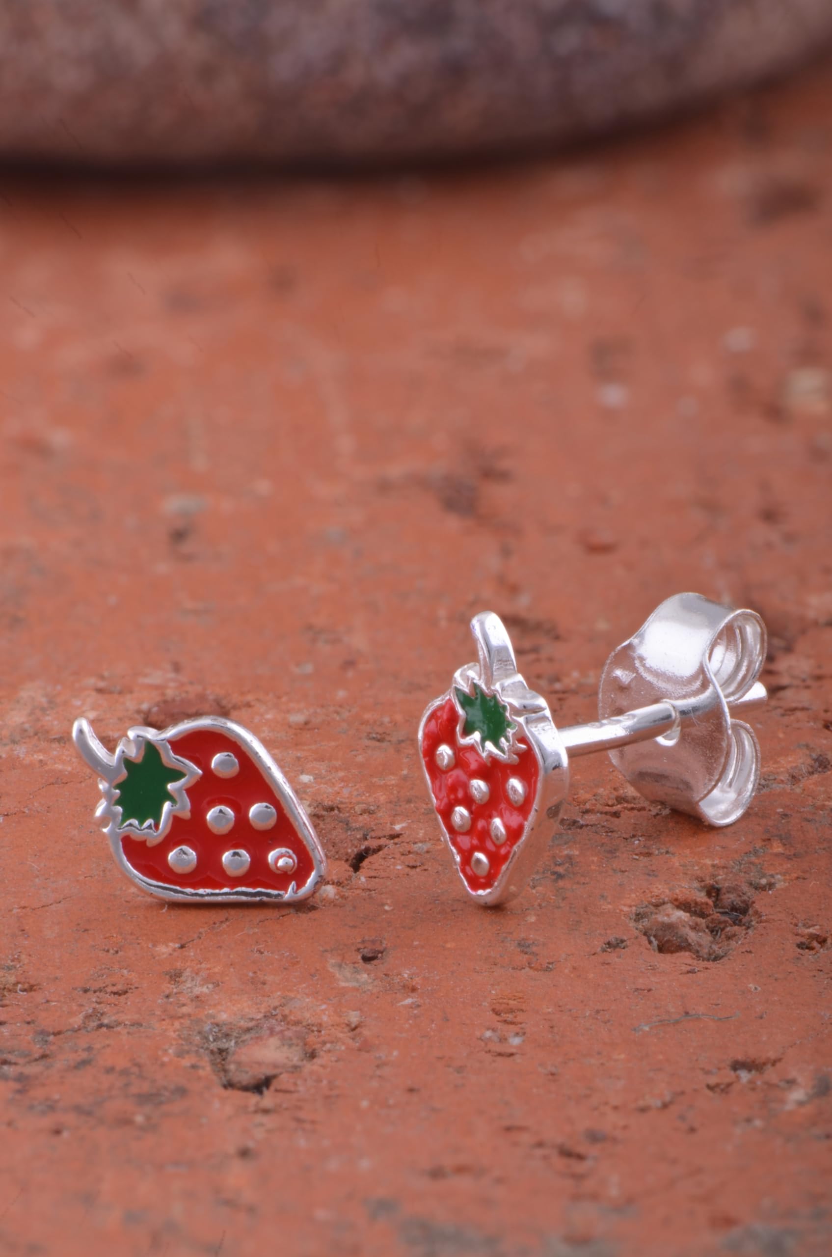 Sterling Silver Small Womens Fruit Red Strawberry Push Back Stud Earrings - Fruit Gifrts For Ladies Mom Wife 0.31in