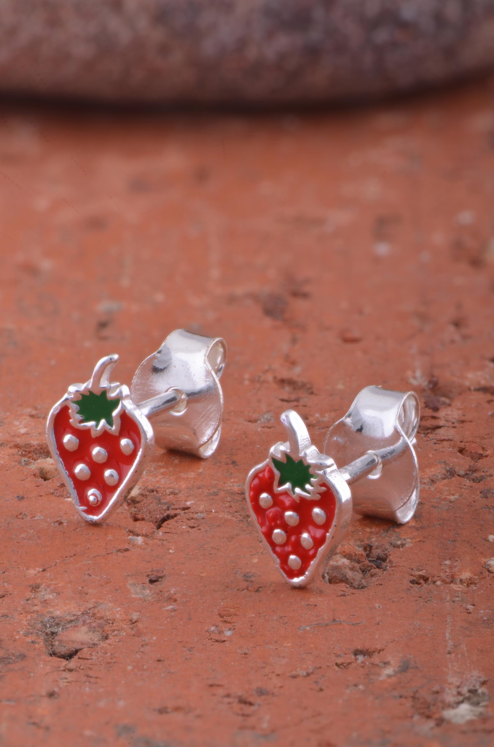 Sterling Silver Small Womens Fruit Red Strawberry Push Back Stud Earrings - Fruit Gifrts For Ladies Mom Wife 0.31in