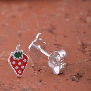 Sterling Silver Small Womens Fruit Red Strawberry Push Back Stud Earrings - Fruit Gifrts For Ladies Mom Wife 0.31in