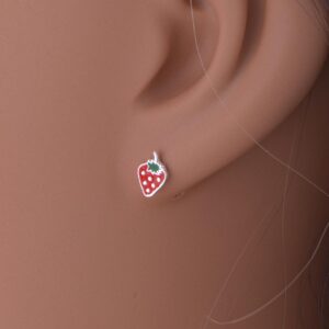 Sterling Silver Small Womens Fruit Red Strawberry Push Back Stud Earrings - Fruit Gifrts For Ladies Mom Wife 0.31in