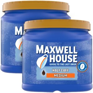 maxwell house half caff medium roast ground coffee with 1/2 the caffeine (2 ct pack, 25.6 oz canisters)