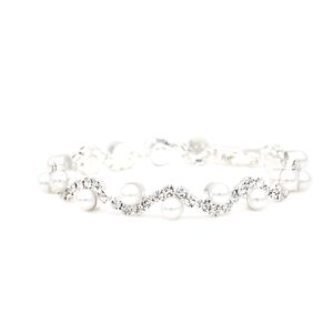 JSEA Womens 4mm Faux Pearl Wave Link Bracelet Silver Tone Rhinestone Bracelets Ladies