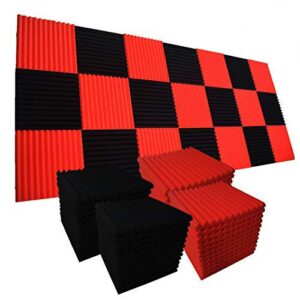 48 Pack BLACK RED Acoustic Foam Panel Wedge Studio Soundproofing Wall Tiles 12" X 12" X 1"