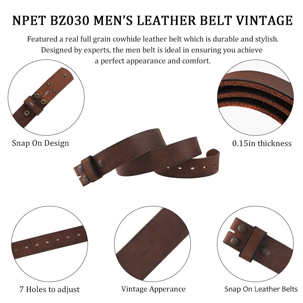 NPET Mens Leather Belt Full Grain Vintage Distressed Style Snap on Strap 1 1/2" Wide (For 32"-34" waist, coffee)