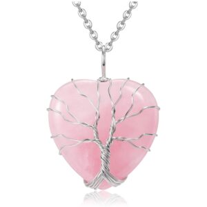 Top Plaza Natural Rose Quartz Healing Crystal Necklace Silver Life Tree Wire Wrapped Heart Shape Stone Pendant for Women Ladies Mothers Day Gifts