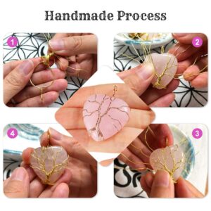 Top Plaza Natural Rose Quartz Healing Crystal Necklace Silver Life Tree Wire Wrapped Heart Shape Stone Pendant for Women Ladies Mothers Day Gifts