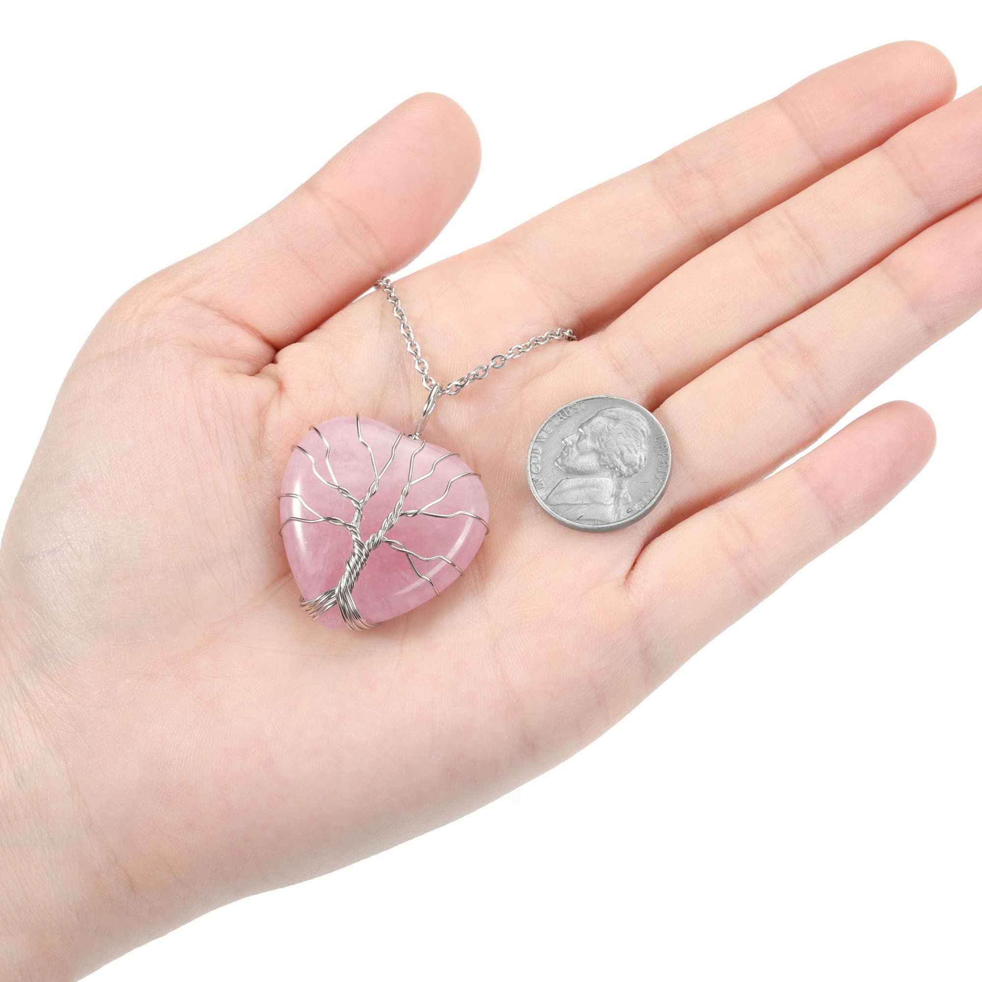 Top Plaza Natural Rose Quartz Healing Crystal Necklace Silver Life Tree Wire Wrapped Heart Shape Stone Pendant for Women Ladies Mothers Day Gifts