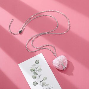 Top Plaza Natural Rose Quartz Healing Crystal Necklace Silver Life Tree Wire Wrapped Heart Shape Stone Pendant for Women Ladies Mothers Day Gifts