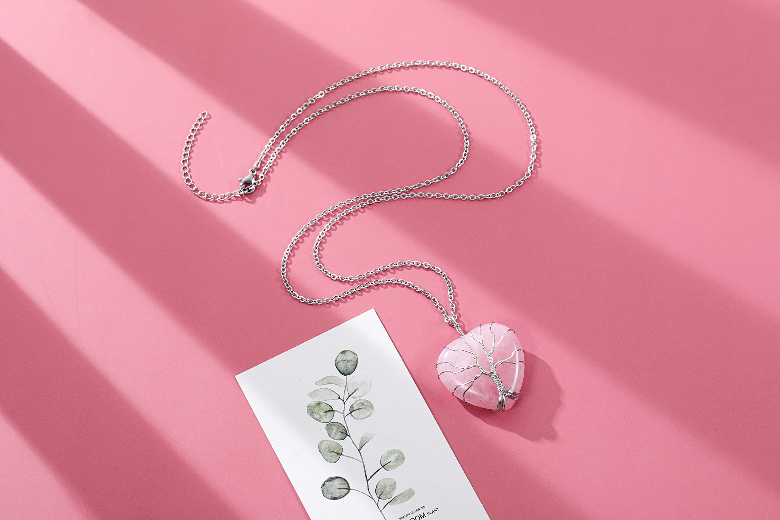 Top Plaza Natural Rose Quartz Healing Crystal Necklace Silver Life Tree Wire Wrapped Heart Shape Stone Pendant for Women Ladies Mothers Day Gifts