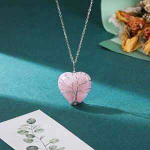 Top Plaza Natural Rose Quartz Healing Crystal Necklace Silver Life Tree Wire Wrapped Heart Shape Stone Pendant for Women Ladies Mothers Day Gifts