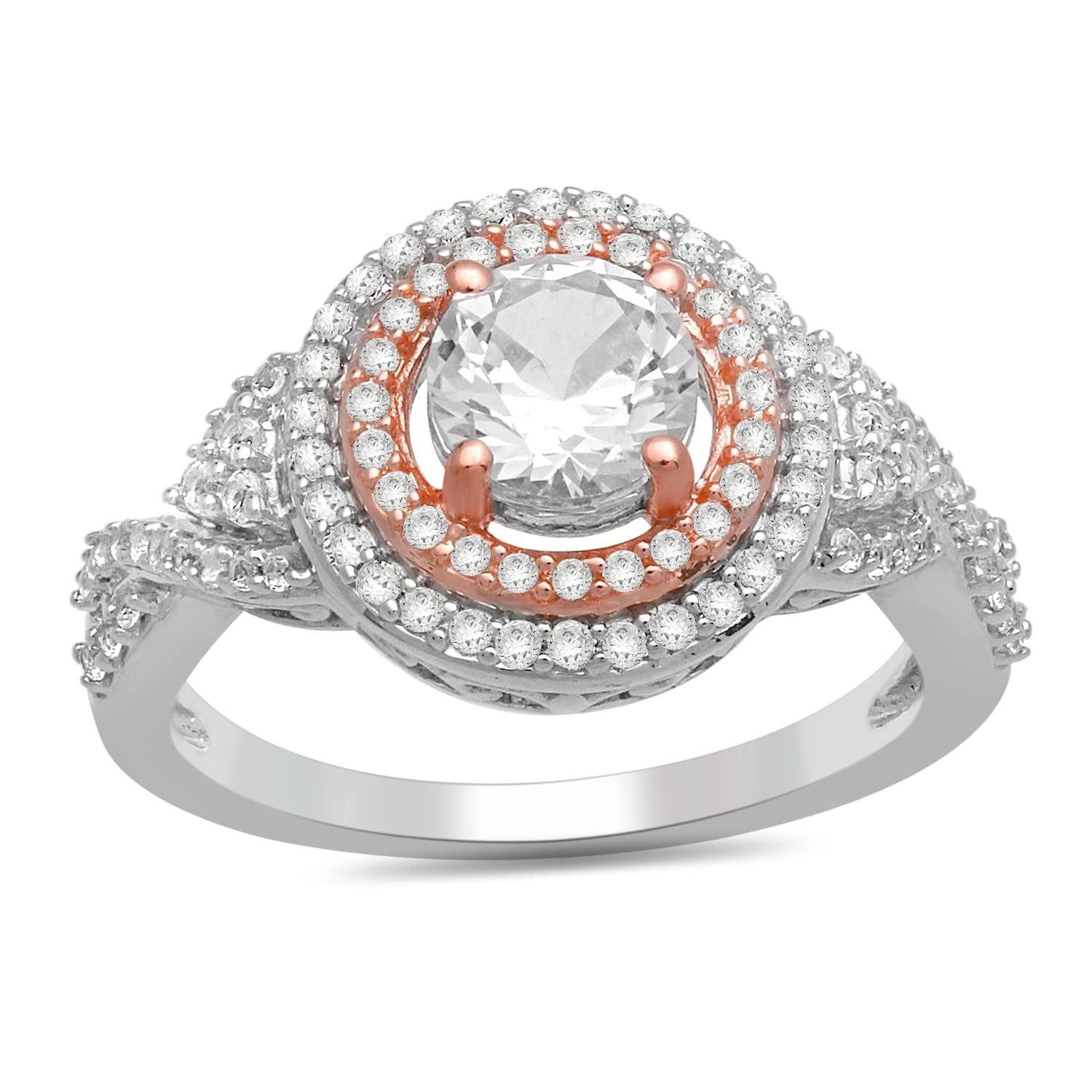 Jewelili 14k Rose Gold Plated Sterling Silver with 6 MM Centre Round Created White Sapphire Halo Ring, Size 7