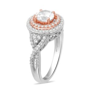 Jewelili 14k Rose Gold Plated Sterling Silver with 6 MM Centre Round Created White Sapphire Halo Ring, Size 7