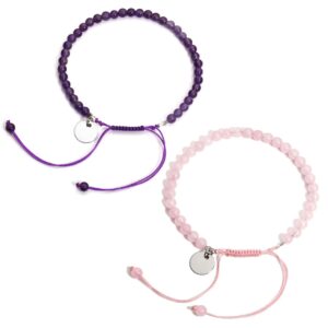 top plaza natural amethyst/rose quartz crystals bracelet chakra healing stone beads handmade macrame adjustable braided link bracelets(2 pcs set)