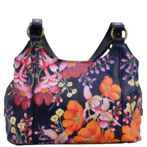 anuschka women’s genuine leather large triple compartment hobo - hand painted exterior - moonlight meadow