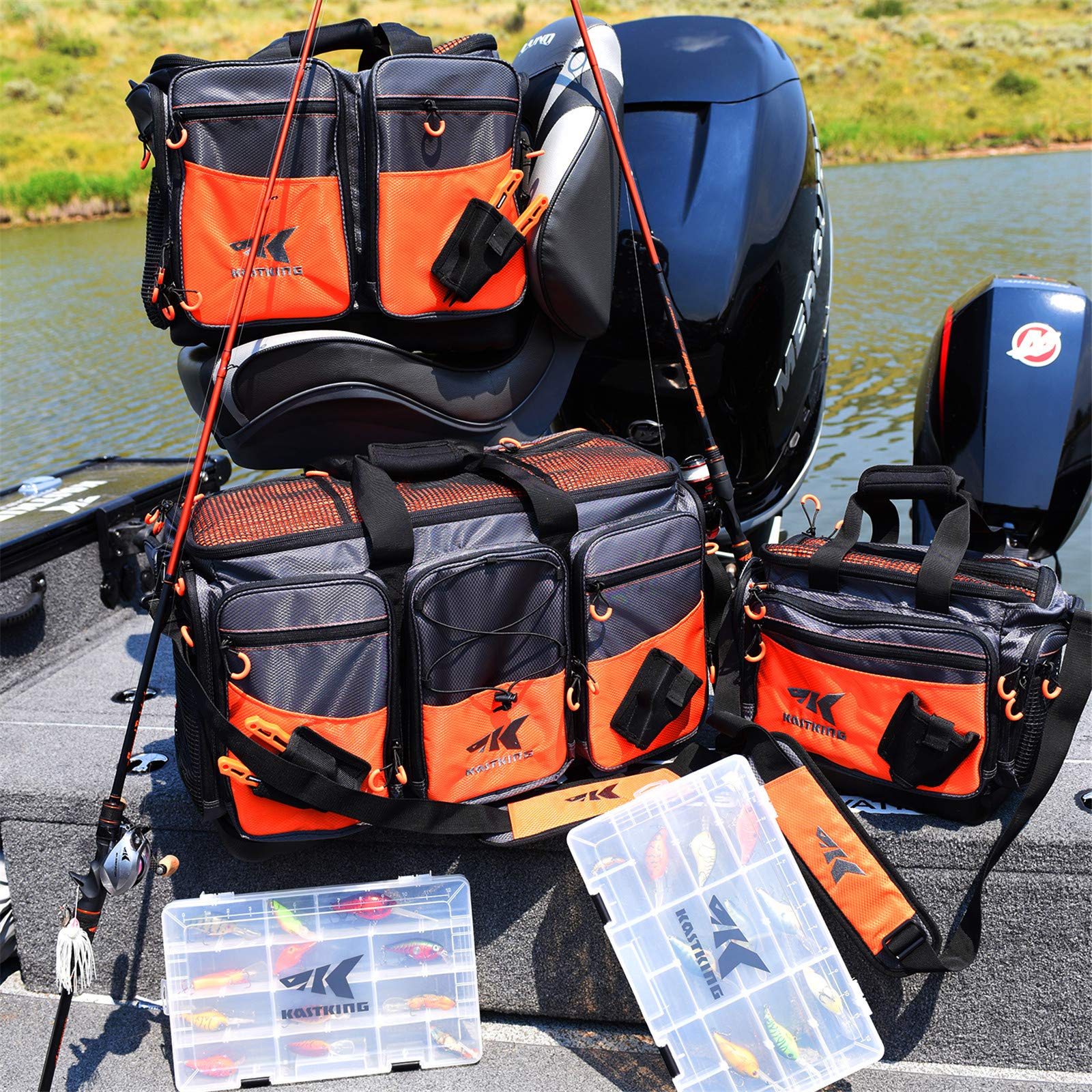 KastKing Fishing Gear & Tackle Bags - Saltwater Resistant Fishing Bags - Fishing Tackle Storage Bags,Medium-Hoss(Without Trays,15x11x10.25 Inches),Orange