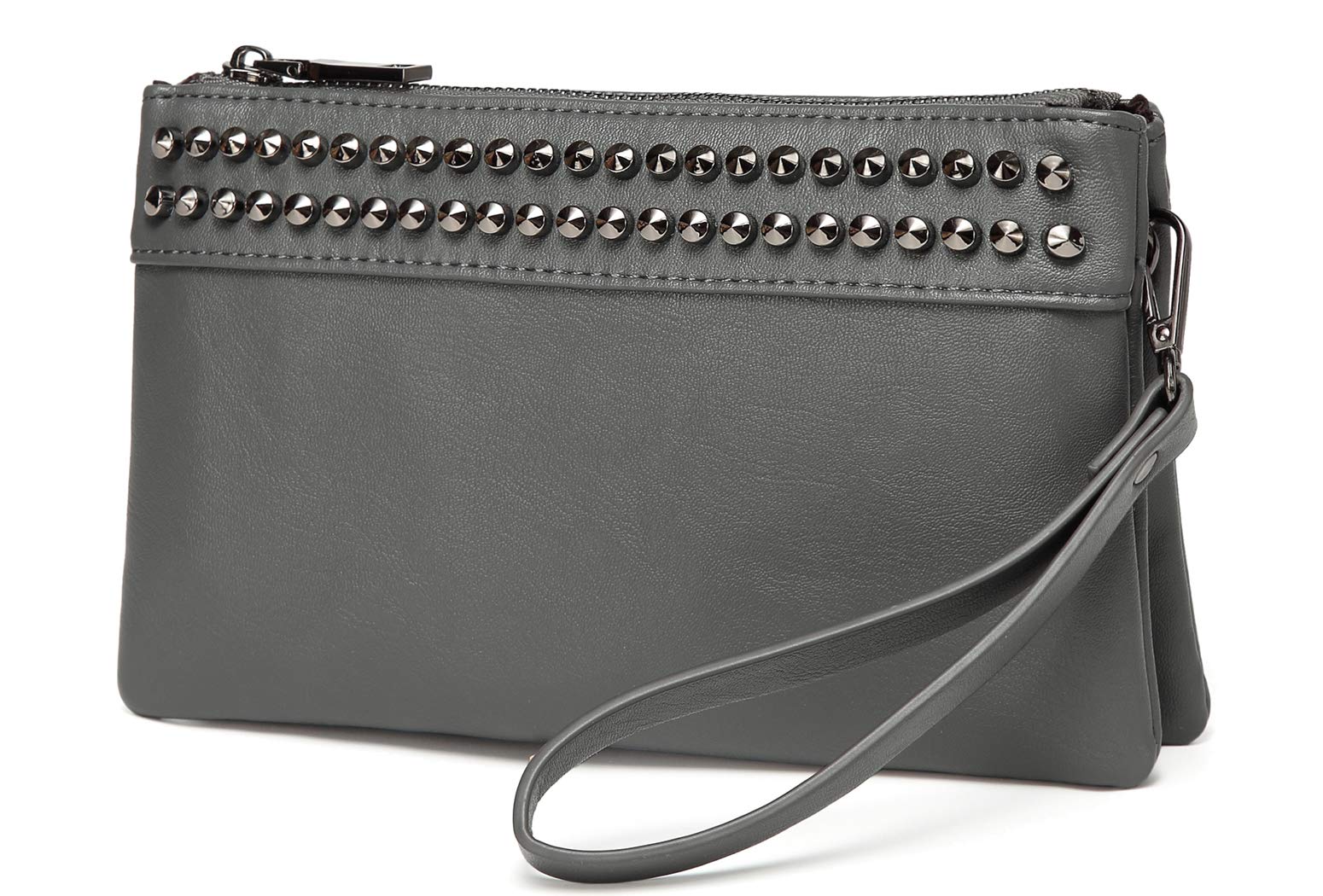 VASCHY Wristlet Clutch Purses, Large Studs Soft Vegan Leather Crossbody Evening Clutch Wallet for Women Gray