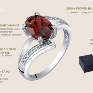 PEORA Garnet and Diamond Solitaire Bypass Ring for Women 14K White Gold, Genuine Gemstone Birthstone, 1.50 Carats Oval Shape 8x6mm, Size 8