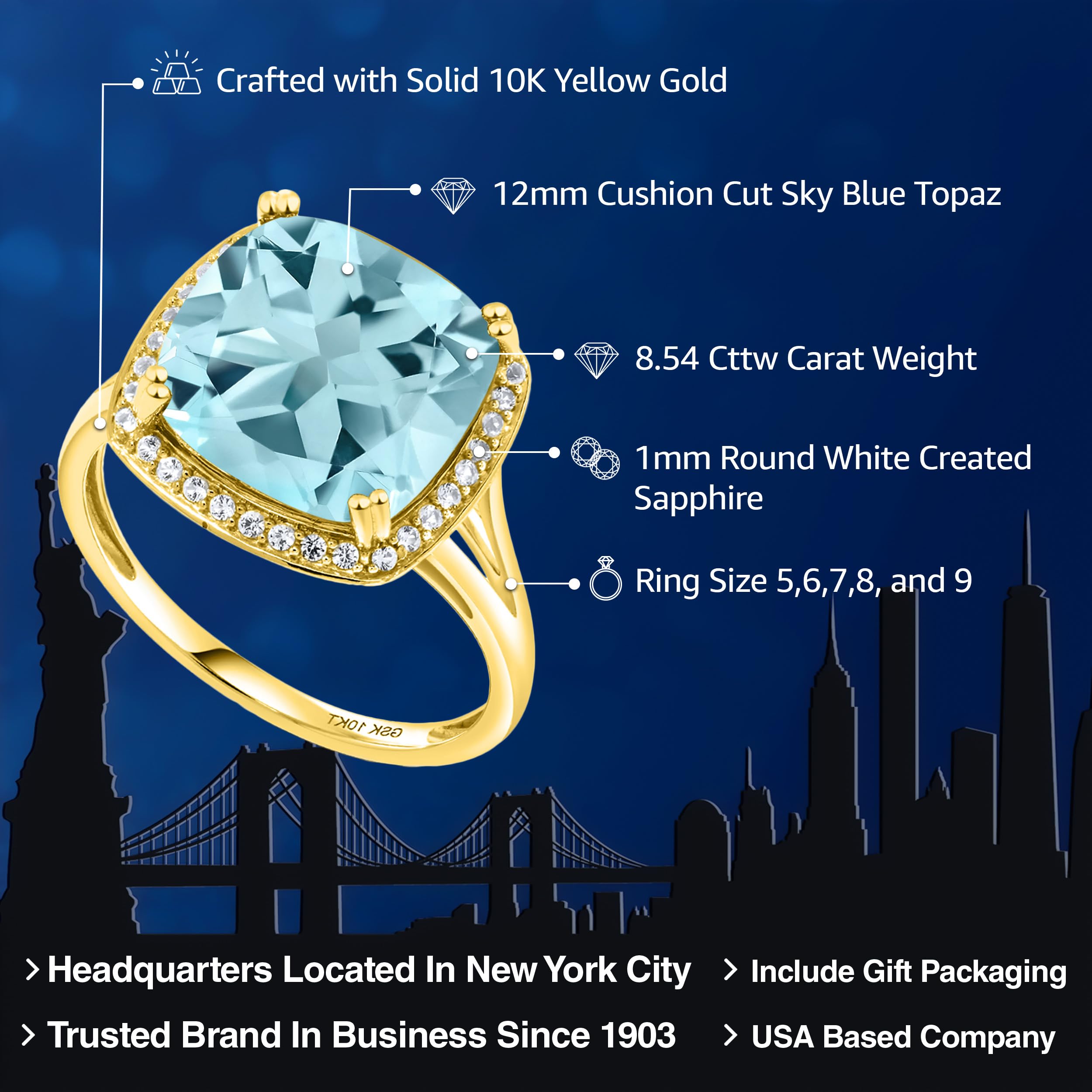 Gem Stone King 10K Yellow Gold Sky Blue Topaz and White Created Sapphire Ring For Women (8.54 Cttw, Cushion 12MM, Gemstone Birthstone, Available In Size 5, 6, 7, 8, 9)