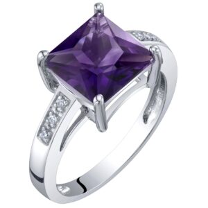 peora amethyst and diamond designer solitaire ring for women 14k white gold, genuine gemstone birthstone, 2 carats princess cut 8mm, size 9