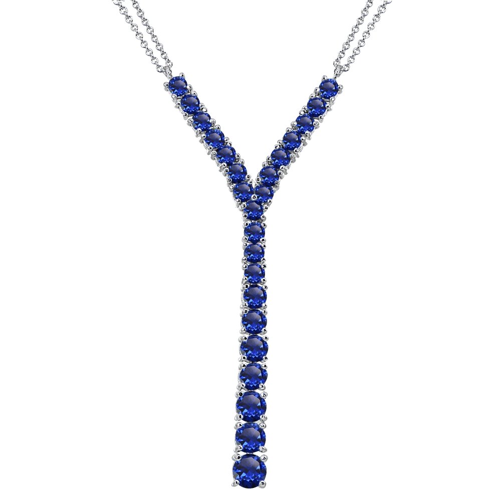 GemStar USA Sterling Silver Created Blue Sapphire Round Graduated Statement Lariat Y-Necklace for Women