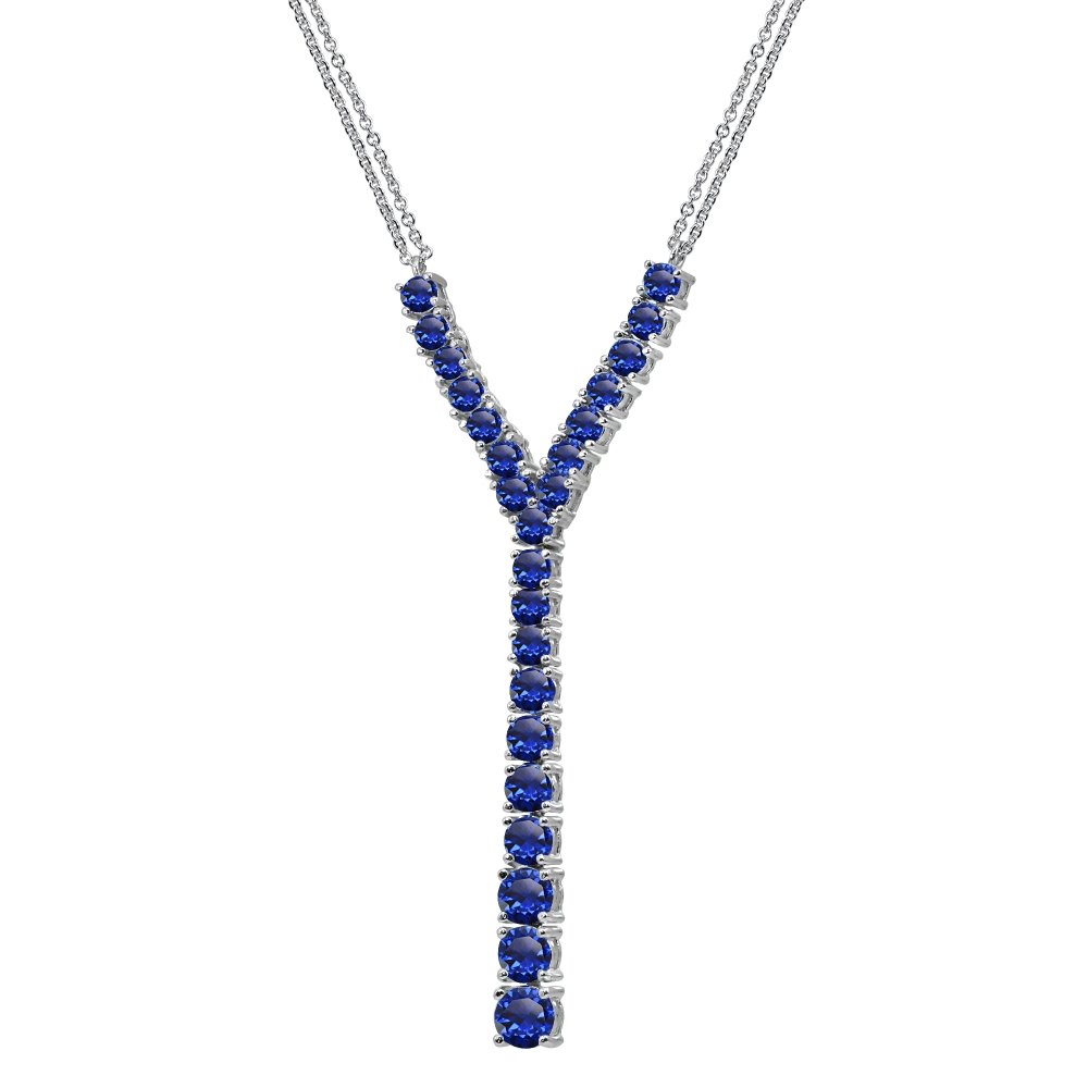 GemStar USA Sterling Silver Created Blue Sapphire Round Graduated Statement Lariat Y-Necklace for Women