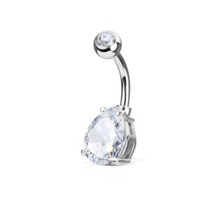 pierced owl 14ga double gemmed teardrop cz crystal belly button ring (silver tone / 10mm)