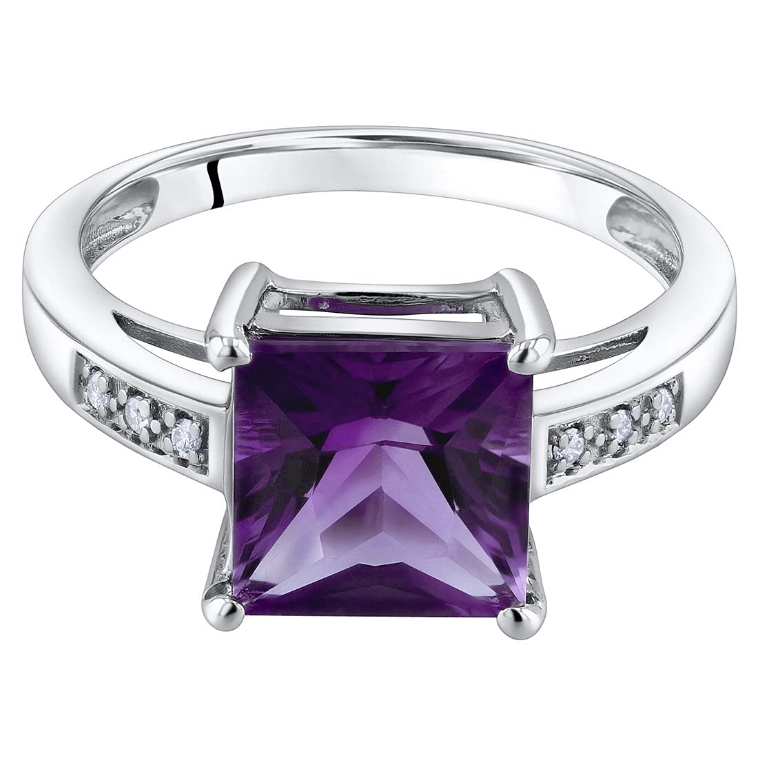 PEORA Amethyst and Diamond Designer Solitaire Ring for Women 14K White Gold, Genuine Gemstone Birthstone, 2 Carats Princess Cut 8mm, Size 6