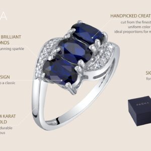 PEORA Created Blue Sapphire and Genuine Diamond Three Stone Anniversary Ring for Women 14K White Gold, 1.50 Carats total Oval Shape, Size 6