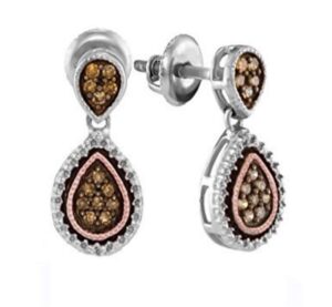 brandy diamond 14k gold silver chocolate brown diamond teardrop beautiful earrings 1/3 ctw.