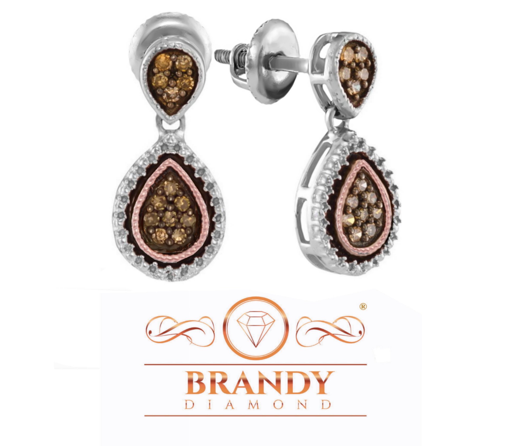 Brandy Diamond 14K Gold silver Chocolate Brown Diamond Teardrop Beautiful Earrings 1/3 Ctw.