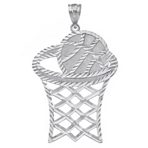 textured 925 sterling silver hoop and basketball pendant (1.80")