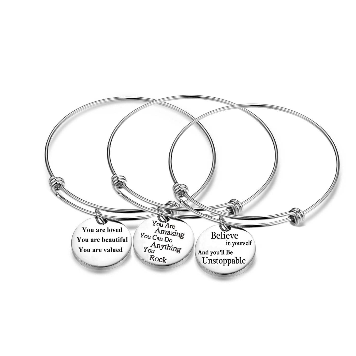 Jvvsci 3PCS Stainless Steel Inspirational Charm Bracelets Jewelry Set Engraved Message Motivational Expendable Bangles for Women Girls