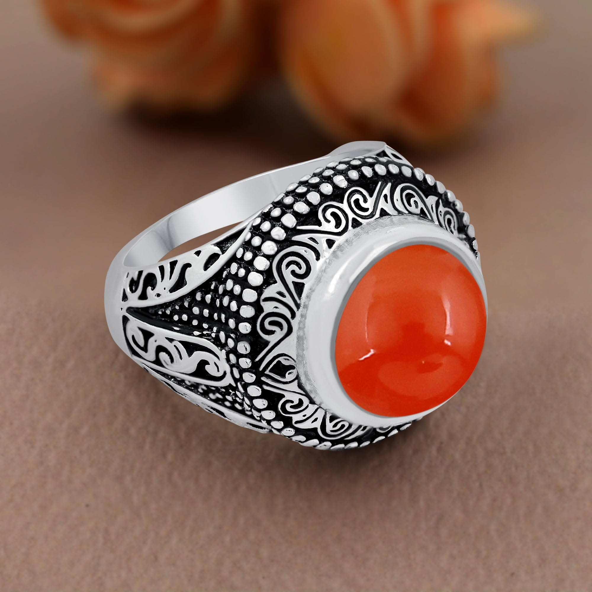 5, 78Cts Solitaire Natural Carnelian 925 Silver Plated Ring Size 6 For Women, Orange Stone July Birthstone Ring Jewelry Gift For Women Mom Wife