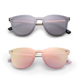 JIM HALO Trendy Rimless Mirrored Sunglasses Reflective Sun Glasses for Women Men 2 Pack (Mirror Silver & Mirror Pink)