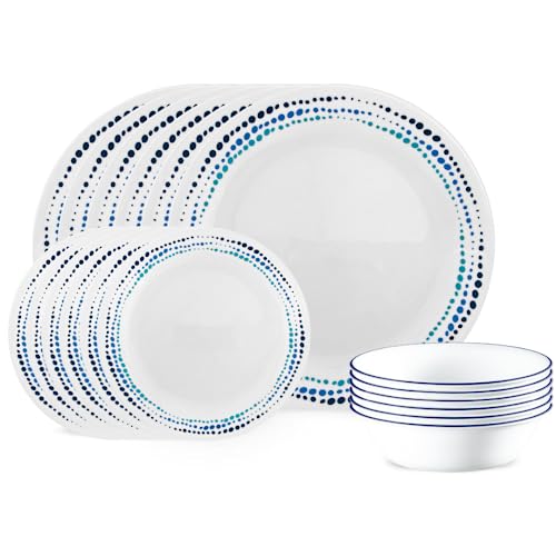 Corelle Vitrelle 18-Piece Service for 6 Dinnerware Set, Triple Layer Glass and Chip Resistant, Lightweight Round Plates and Bowls Set, Ocean Blue