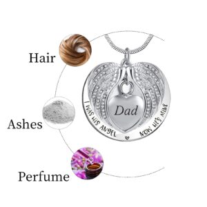 PREKIAR Angel Wing Urn Necklace for Ashes, Heart Cremation Memorial Keepsake Pendant Necklace Jewelry with Fill Kit and Gift Box (Dad)