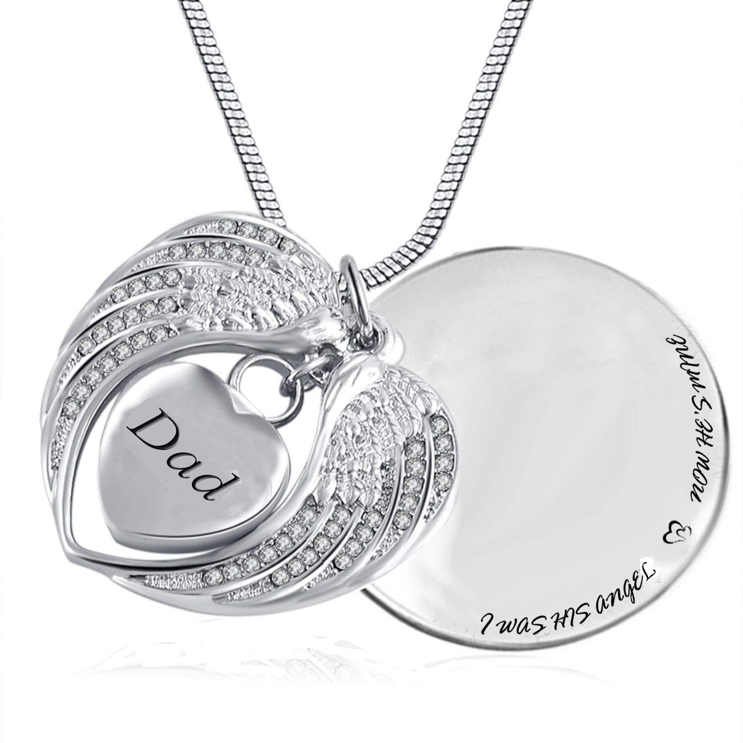 PREKIAR Angel Wing Urn Necklace for Ashes, Heart Cremation Memorial Keepsake Pendant Necklace Jewelry with Fill Kit and Gift Box (Dad)